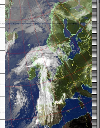 NOAA 19 southbound 41W at 24 Jun 2019 05:38:51 GMT on 137.10MHz, MCIR enhancement, Normal projection, Channel A: 2 (near infrared), Channel B: 4 (thermal infrared)